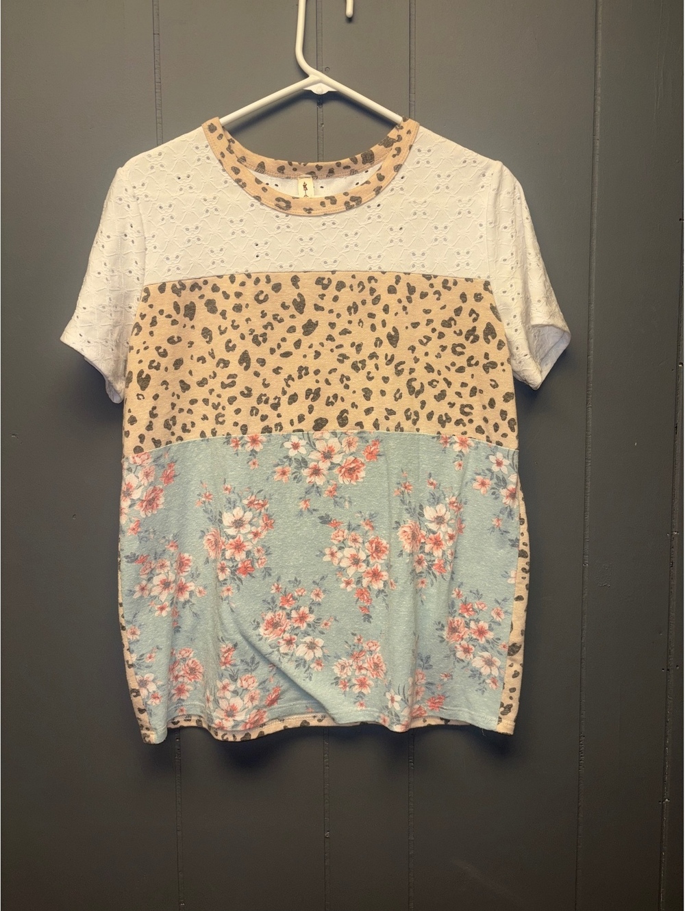 Vanilla Bay Women's Color Block Short Sleeve Top with Eyelet, Leopard, and Florl